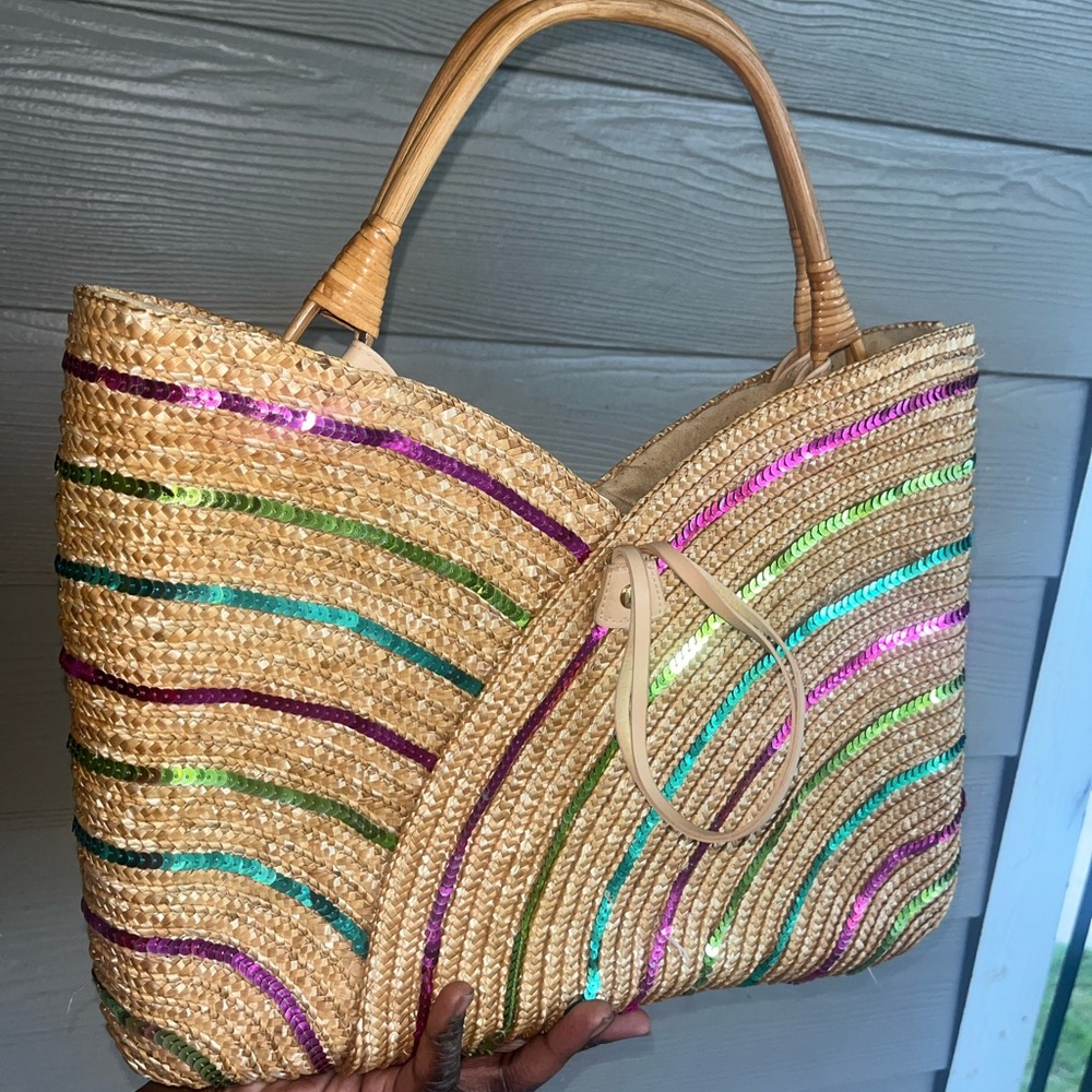 Basket woven, shoulder bag with blue, green, and pink sequins 🌟